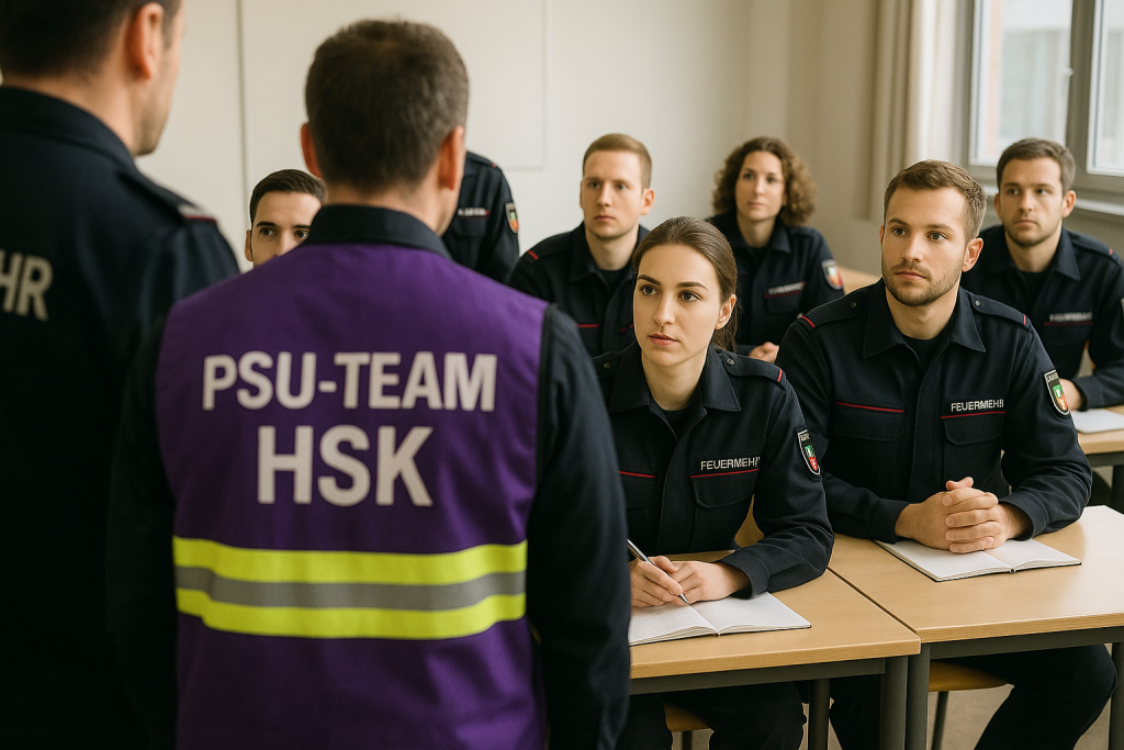 Ein PSU'ler erklärt einer Gruppe Feuerwehrleuten was die Aufgaben der PSU sind.
