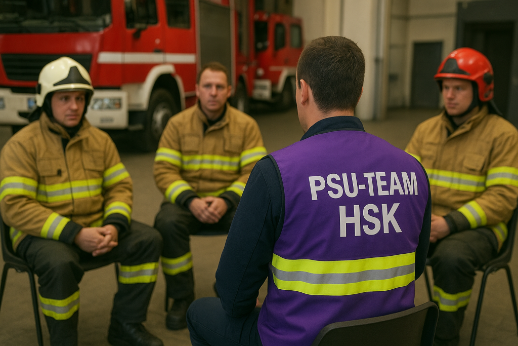 PSU'ler bei einer Einsatznachbesprechung mit Feuerwehrleuten.