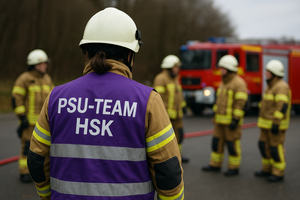 Ein Mitglied des PSU Team HSK bei einem Einsatz mit Feuerwehrleuten im Hintergrund.